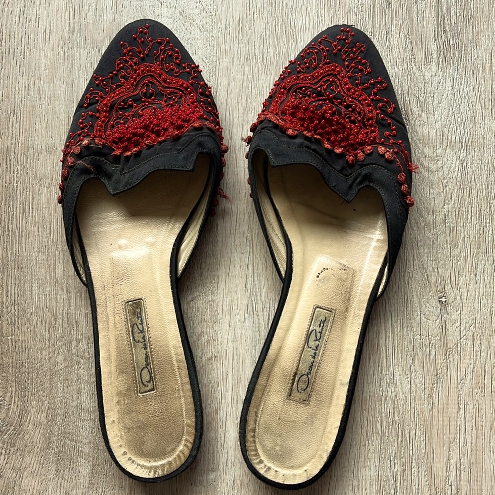 Oscar de la Renta Spanish Mules in black and red satin.